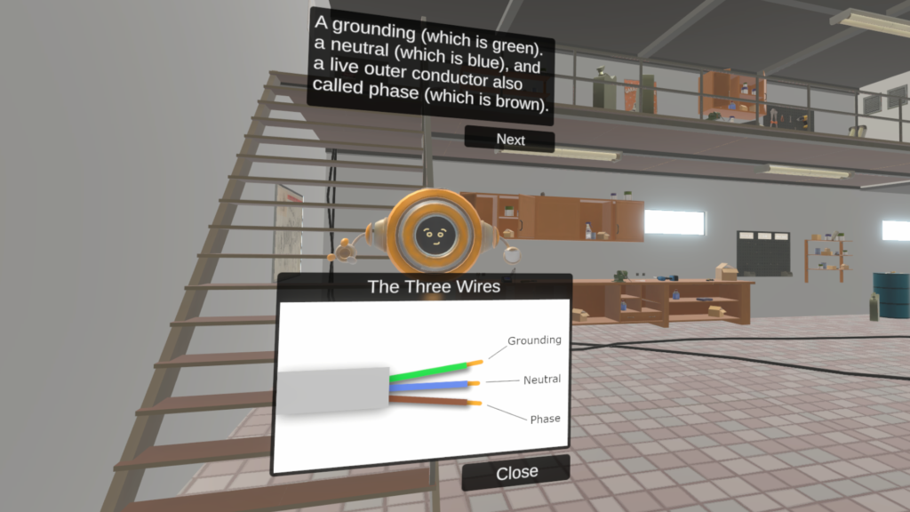 The VRChances guide in the electrician scene, explaining the phase, neutral and grounding wires to the player.