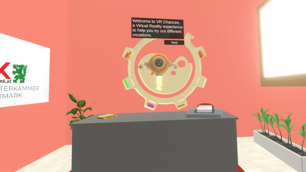 The VRChances guide greeting the player in a bright room.