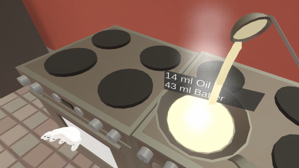 The player pouring batter into a pan on a stove.