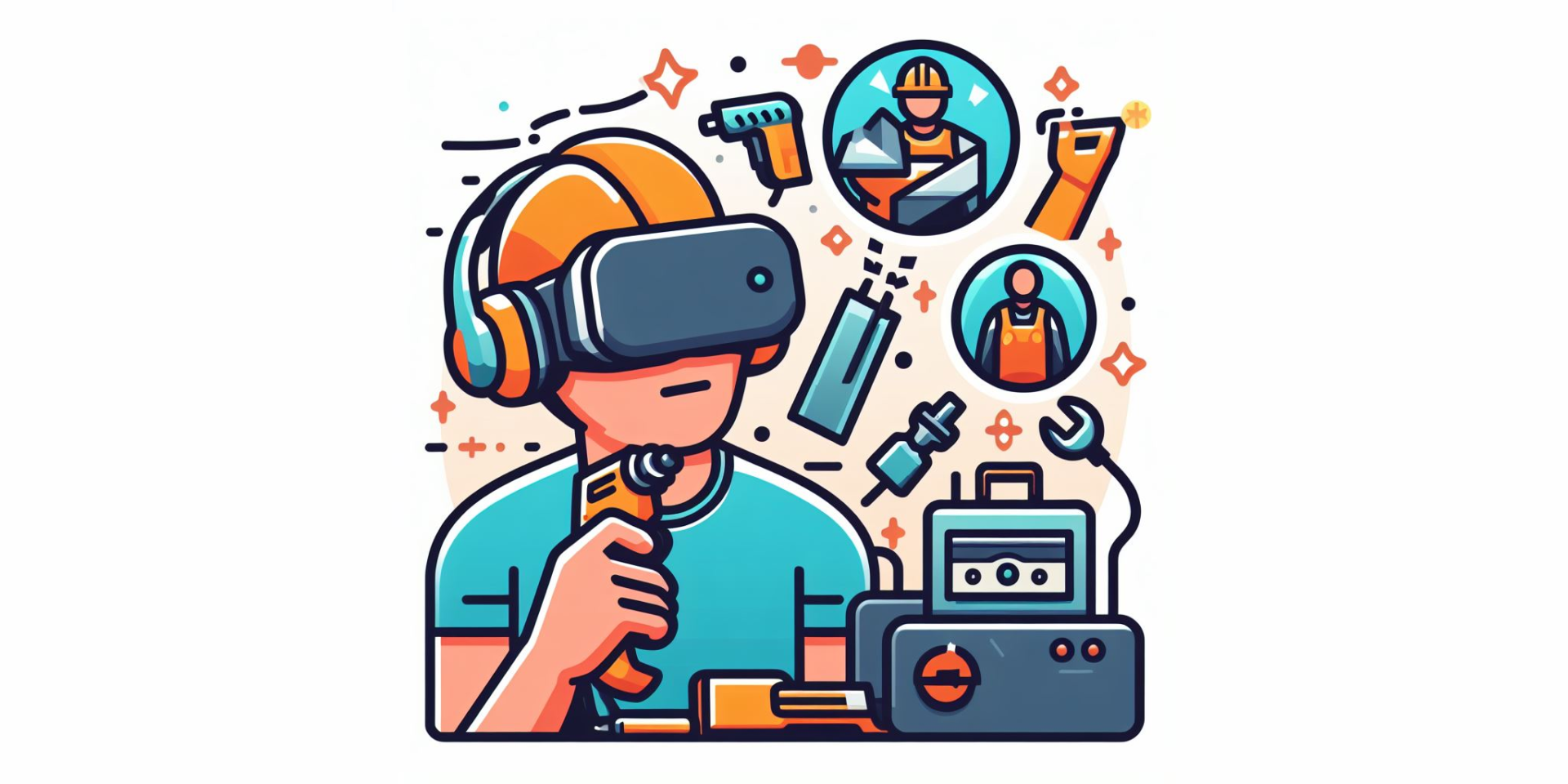 VRChances icon of a worker wearing a VR headset and various tools